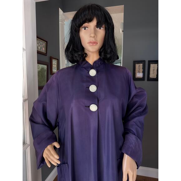 Vintage Purple Sateen Lined Duster Swing Coat 3 button closing large - Picture 12 of 16